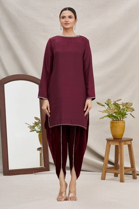 Buy_Ekta Singh_Maroon Velvet Round Jacket And Dhoti Pant Set _Online_at_Aza_Fashions