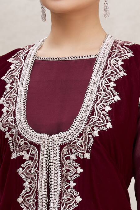 Ekta Singh_Maroon Velvet Round Jacket And Dhoti Pant Set _at_Aza_Fashions