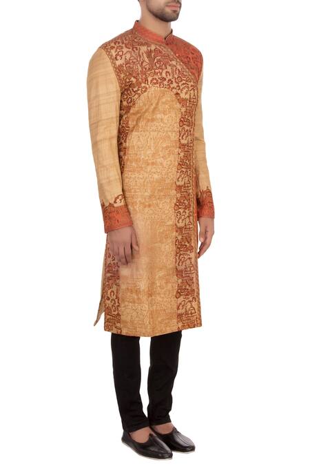 Sharbari Studio_Beige And Orange Tussar Silk Embroidered Angrakha Kurta Set_Online_at_Aza_Fashions