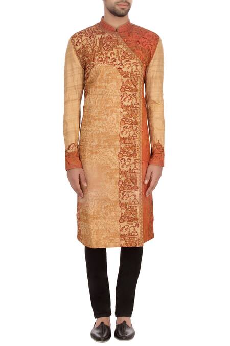Shop_Sharbari Studio_Beige And Orange Tussar Silk Embroidered Angrakha Kurta Set_Online_at_Aza_Fashions