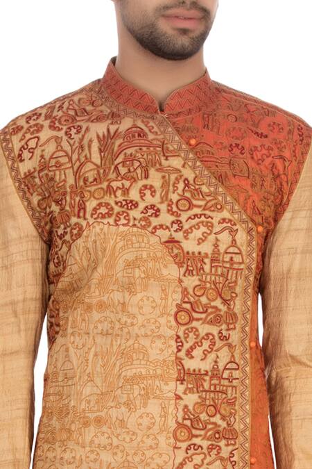 Sharbari Studio_Beige And Orange Tussar Silk Embroidered Angrakha Kurta Set_at_Aza_Fashions