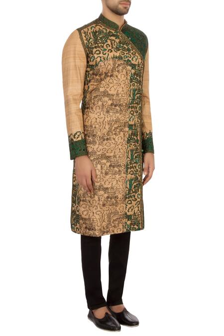 Sharbari Studio_Beige And Green Tussar Silk Embroidered Angrakha Kurta Set_Online_at_Aza_Fashions