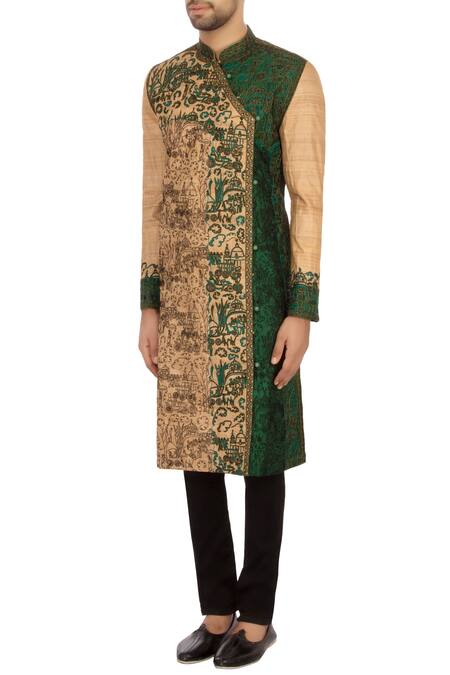 Buy_Sharbari Studio_Beige And Green Tussar Silk Embroidered Angrakha Kurta Set_Online_at_Aza_Fashions