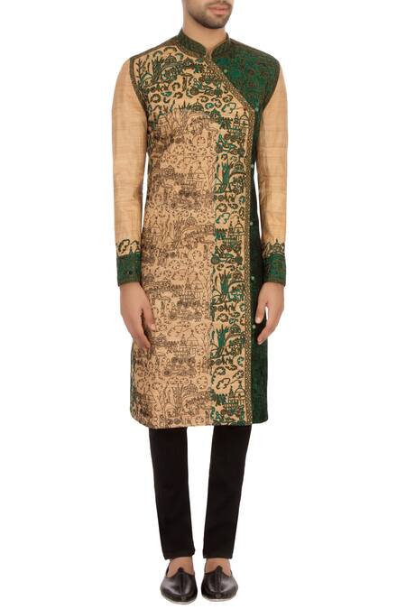 Shop_Sharbari Studio_Beige And Green Tussar Silk Embroidered Angrakha Kurta Set_Online_at_Aza_Fashions