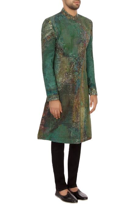 Sharbari Studio_Aqua Green Cotton Hand Painted Sherwani Set_Online_at_Aza_Fashions