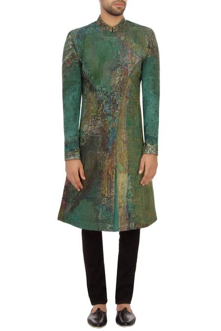 Shop_Sharbari Studio_Aqua Green Cotton Hand Painted Sherwani Set_Online_at_Aza_Fashions