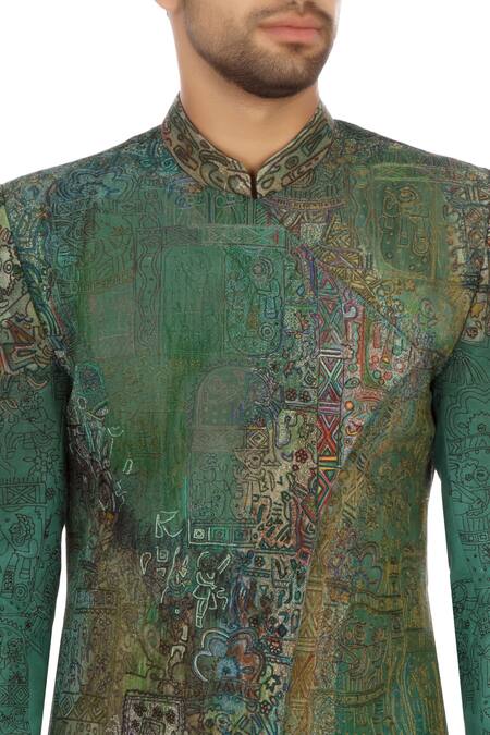 Sharbari Studio_Aqua Green Cotton Hand Painted Sherwani Set_at_Aza_Fashions