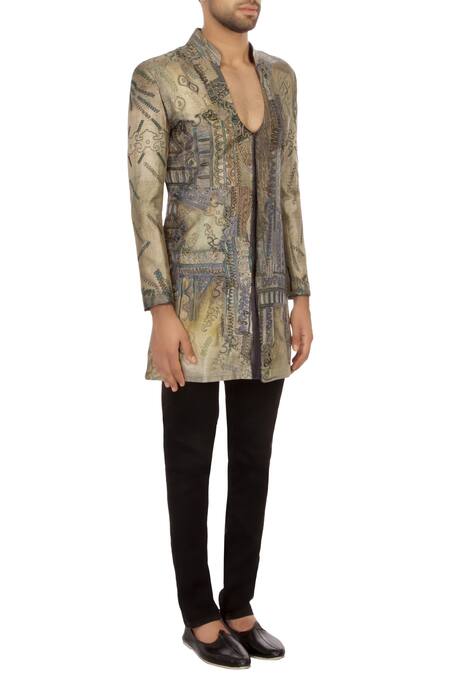Sharbari Studio_Grey Bengal Silk Hand Painted Sherwani Set_Online_at_Aza_Fashions