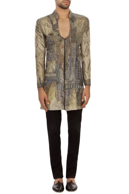 Shop_Sharbari Studio_Grey Bengal Silk Hand Painted Sherwani Set_Online_at_Aza_Fashions