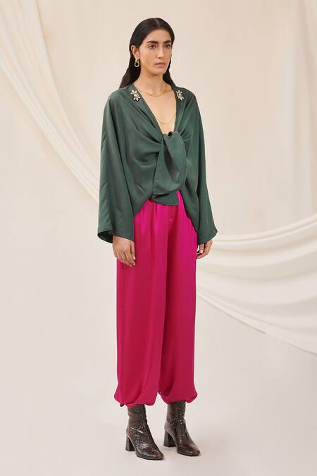 431-88 By Shweta Kapur_Green Japanese Twill Short Kimono Jacket_Online_at_Aza_Fashions