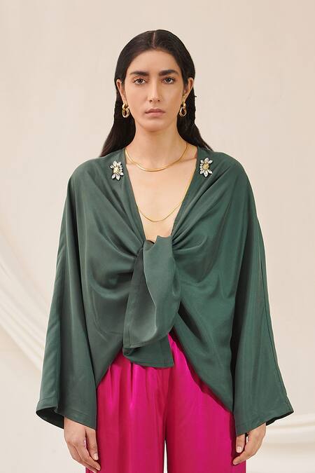 Shop_431-88 By Shweta Kapur_Green Japanese Twill Short Kimono Jacket_Online_at_Aza_Fashions