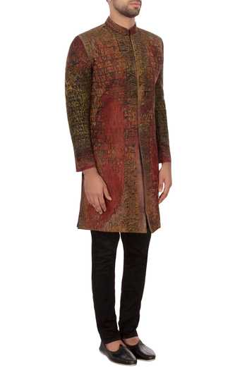 Sharbari Studio_Maroon And Black Bengal Silk Hand Painted Sherwani Set_Online_at_Aza_Fashions