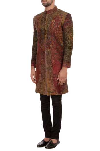 Buy_Sharbari Studio_Maroon And Black Bengal Silk Hand Painted Sherwani Set_Online_at_Aza_Fashions