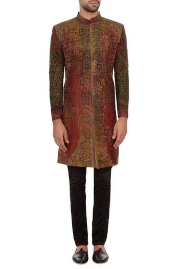 Shop_Sharbari Studio_Maroon And Black Bengal Silk Hand Painted Sherwani Set_Online_at_Aza_Fashions