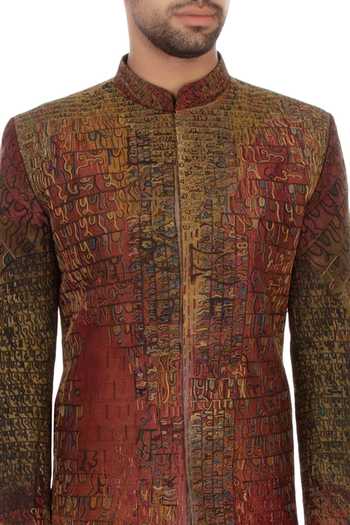 Sharbari Studio_Maroon And Black Bengal Silk Hand Painted Sherwani Set_at_Aza_Fashions