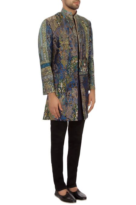 Sharbari Studio_Blue And Green Brocade Silk Embroidered Bandhgala Jacket Set_Online_at_Aza_Fashions