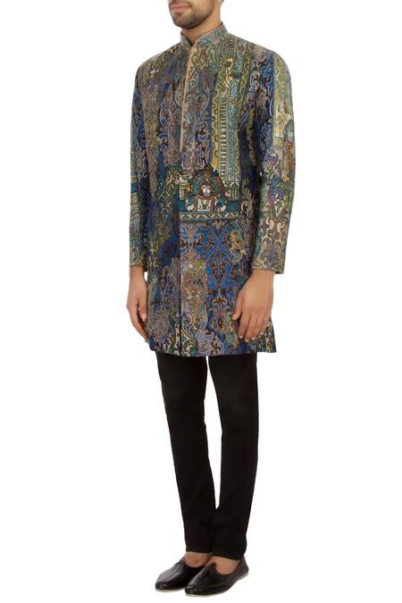 Buy_Sharbari Studio_Blue And Green Brocade Silk Embroidered Bandhgala Jacket Set_Online_at_Aza_Fashions