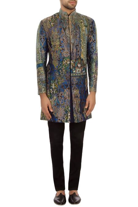 Shop_Sharbari Studio_Blue And Green Brocade Silk Embroidered Bandhgala Jacket Set_Online_at_Aza_Fashions