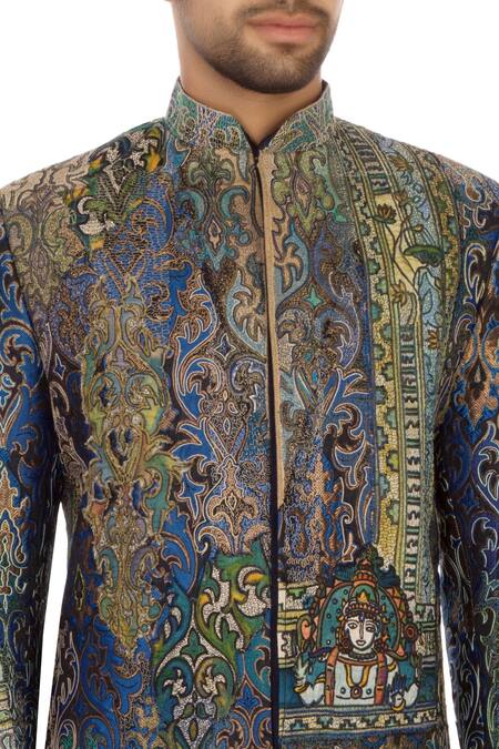 Buy Blue & green brocade silk embroidered bandhgala jacket set by Sharbari Studio at Aza Fashions