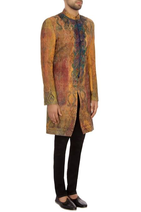 Sharbari Studio_Yellow Cotton Hand Painted Sherwani Set _Online_at_Aza_Fashions