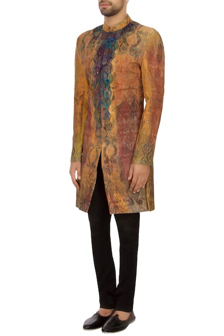 Buy_Sharbari Studio_Yellow Cotton Hand Painted Sherwani Set _Online_at_Aza_Fashions