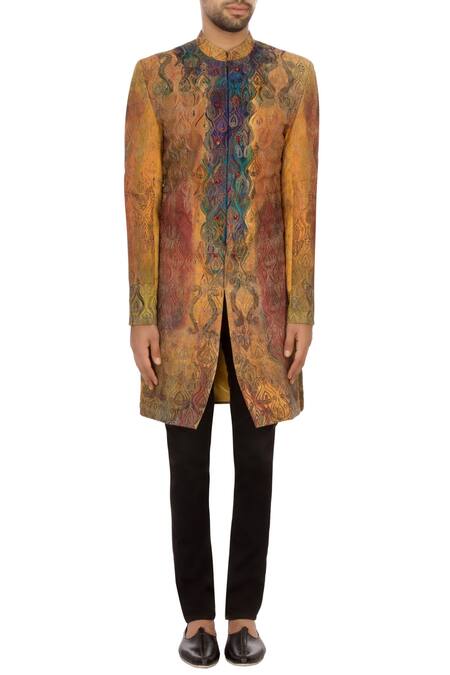 Shop_Sharbari Studio_Yellow Cotton Hand Painted Sherwani Set _Online_at_Aza_Fashions