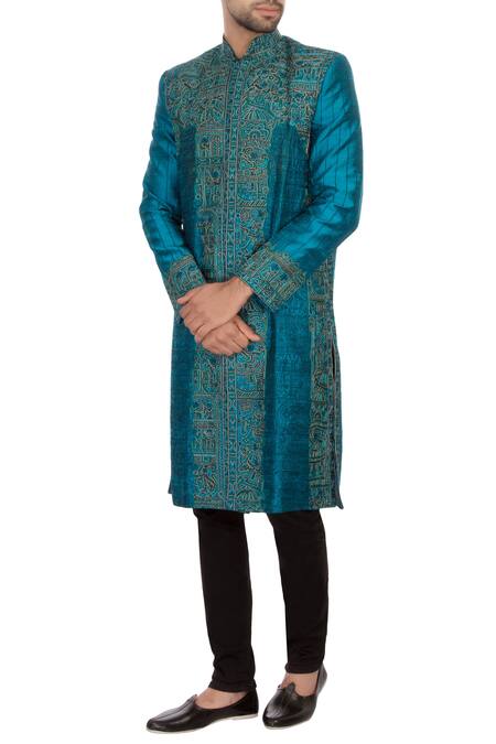 Sharbari Studio Blue Raw Silk Embroidered Sherwani Set