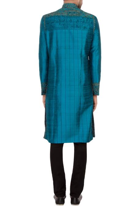 Shop Sharbari Studio Blue Raw Silk Embroidered Sherwani Set at Aza Fashions Shop_Sharbari Studio_Blue Raw Silk Embroidered Sherwani Set _at_Aza_Fashions