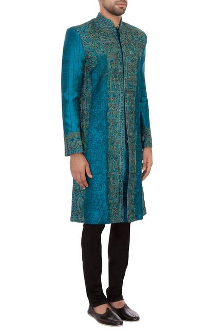 Sharbari Studio Blue Raw Silk Embroidered Sherwani Set Online at Aza Fashions Sharbari Studio_Blue Raw Silk Embroidered Sherwani Set _Online_at_Aza_Fashions