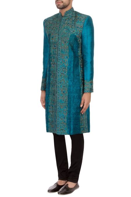 Buy Sharbari Studio Blue Raw Silk Embroidered Sherwani Set Online at Aza Fashions Buy_Sharbari Studio_Blue Raw Silk Embroidered Sherwani Set _Online_at_Aza_Fashions