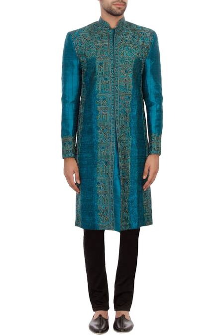 Shop Sharbari Studio Blue Raw Silk Embroidered Sherwani Set Online at Aza Fashions Shop_Sharbari Studio_Blue Raw Silk Embroidered Sherwani Set _Online_at_Aza_Fashions