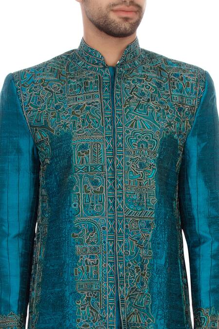 Sharbari Studio Blue Raw Silk Embroidered Sherwani Set at Aza Fashions Sharbari Studio_Blue Raw Silk Embroidered Sherwani Set _at_Aza_Fashions