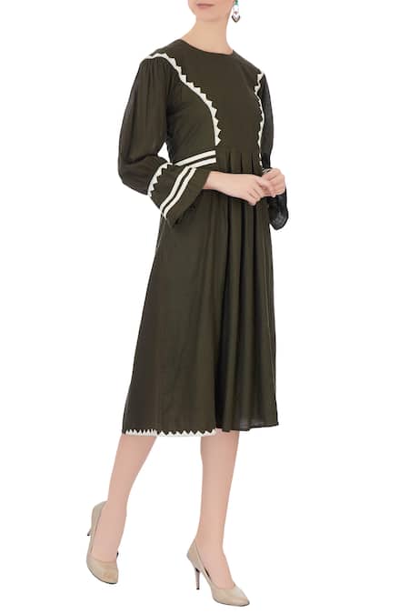 Chambray & Co. Green Linen Applique Round Panelled Dress For Women
