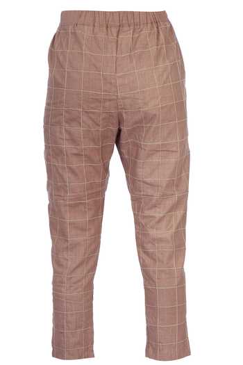 Chambray & Co. Beige Linen Checks Chequered Cigarette Pant Online at Aza Fashions Chambray & Co._Beige Linen Checks Chequered Cigarette Pant_Online_at_Aza_Fashions