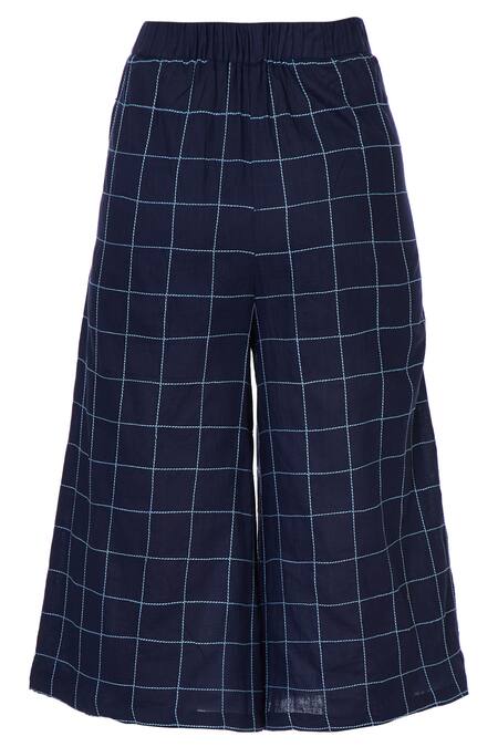 Shop Chambray & CO. Blue Linen Checks Chequered Cullottes at Aza Fashions Shop_Chambray & CO._Blue Linen Checks Chequered Cullottes_at_Aza_Fashions