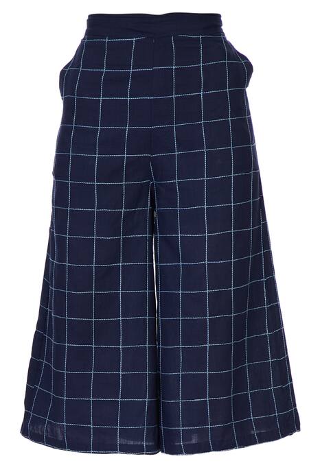 Chambray & CO. Blue Linen Checks Chequered Cullottes Online at Aza Fashions Chambray & CO._Blue Linen Checks Chequered Cullottes_Online_at_Aza_Fashions