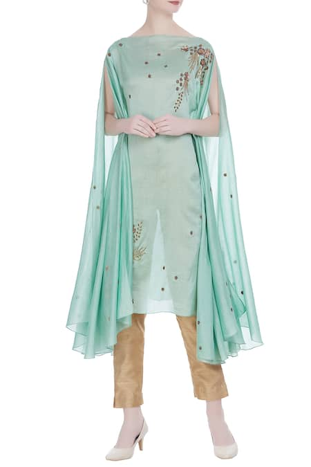 Joy Mitra Green Silk Blend Hand Embroidered Sequin And Moti Work Tunic With Flared Sleeves 