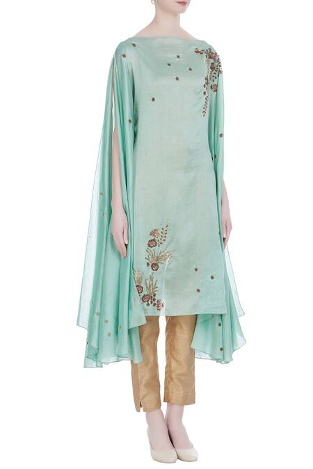 Joy Mitra_Green Silk Blend Sequin And Moti Work Boat Embroidered Tunic With Flared Sleeves _Online_at_Aza_Fashions