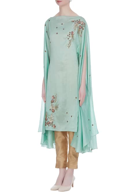 Buy_Joy Mitra_Green Silk Blend Sequin And Moti Work Boat Embroidered Tunic With Flared Sleeves _Online_at_Aza_Fashions