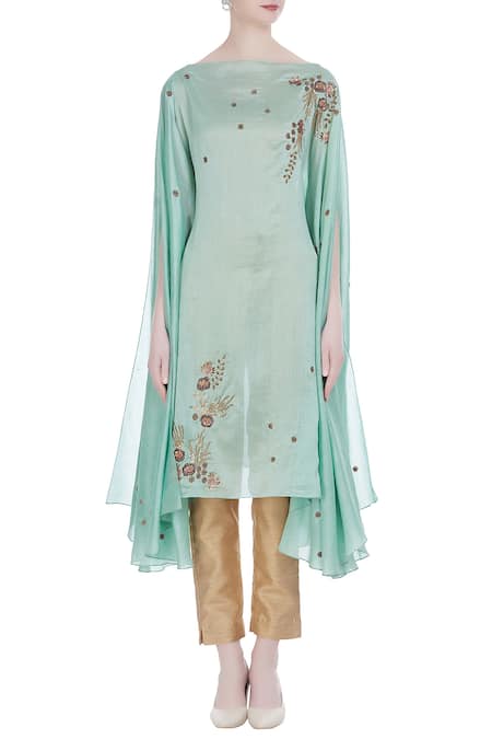 Shop_Joy Mitra_Green Silk Blend Sequin And Moti Work Boat Embroidered Tunic With Flared Sleeves _Online_at_Aza_Fashions