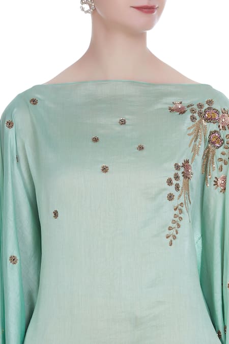 Joy Mitra_Green Silk Blend Sequin And Moti Work Boat Embroidered Tunic With Flared Sleeves _at_Aza_Fashions