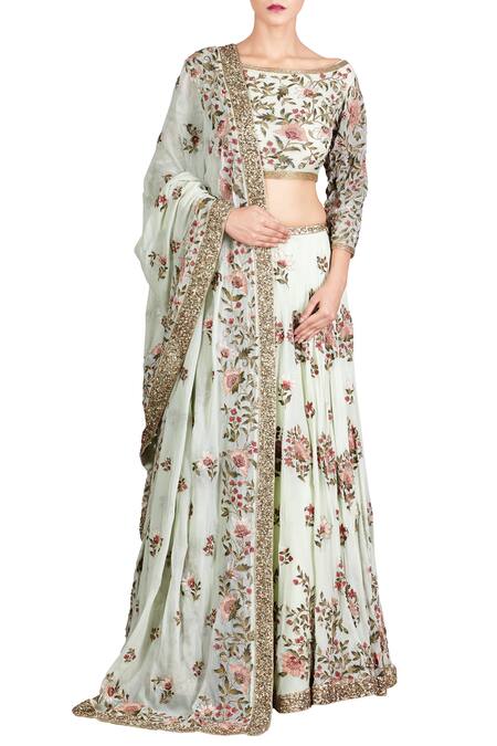 Nakul Sen Green Chiffon Floral Embroidered Lehenga Set