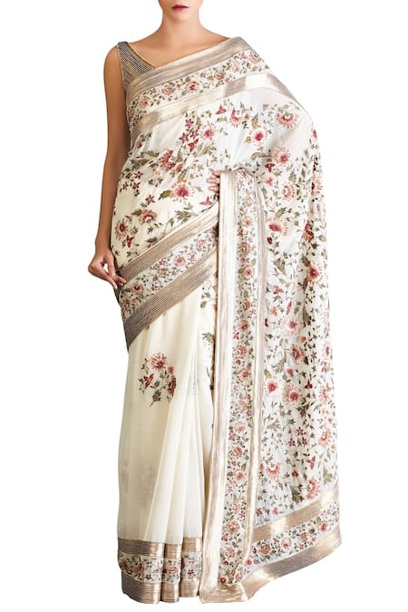 Nakul Sen White Chiffon Embroidered Saree With Blouse