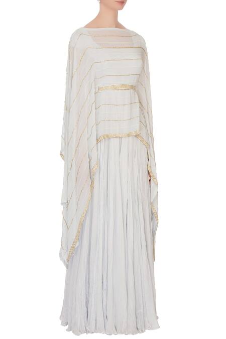 Pooja Rajpal Jaggi_Blue Square Neck Embroidered Cape With Anarkali  _Online_at_Aza_Fashions