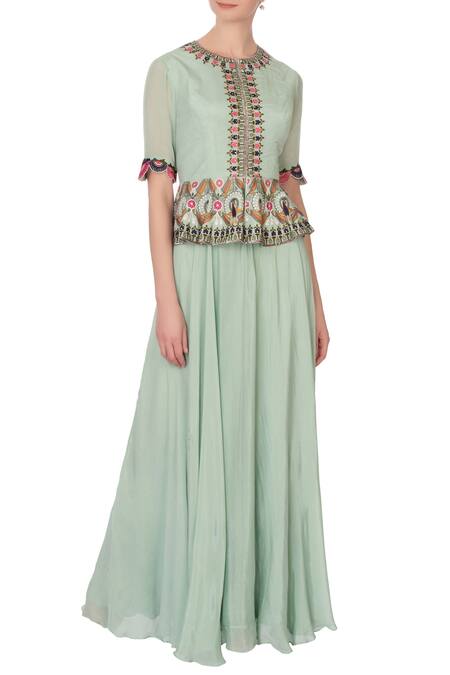 Desert Shine by Sulochana Jangir Green Round Printed Peplum Gown For Women