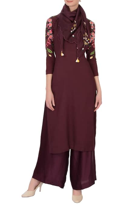 Desert Shine by Sulochana Jangir Maroon Round Linen Kurta Set  