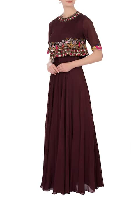 Desert Shine by Sulochana Jangir Maroon Round Embroidered Cape Gown  