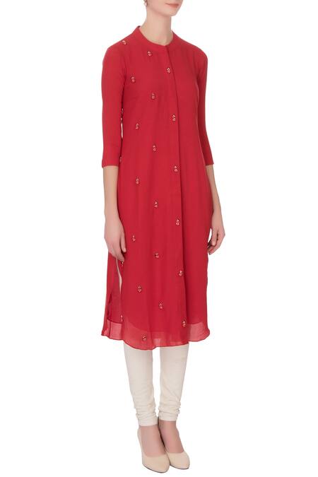 Desert Shine By Sulochana Jangir Red Band Collar Embroidered Long Kurta Online at Aza Fashions Desert Shine By Sulochana Jangir_Red Band Collar Embroidered Long Kurta_Online_at_Aza_Fashions