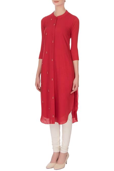 Buy Desert Shine By Sulochana Jangir Red Band Collar Embroidered Long Kurta Online at Aza Fashions Buy_Desert Shine By Sulochana Jangir_Red Band Collar Embroidered Long Kurta_Online_at_Aza_Fashions