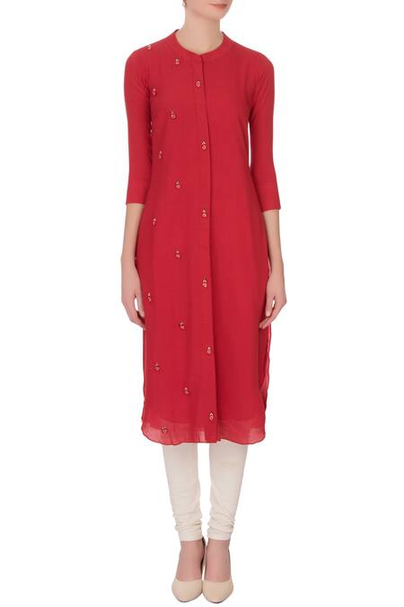 Shop Desert Shine By Sulochana Jangir Red Band Collar Embroidered Long Kurta Online at Aza Fashions Shop_Desert Shine By Sulochana Jangir_Red Band Collar Embroidered Long Kurta_Online_at_Aza_Fashions